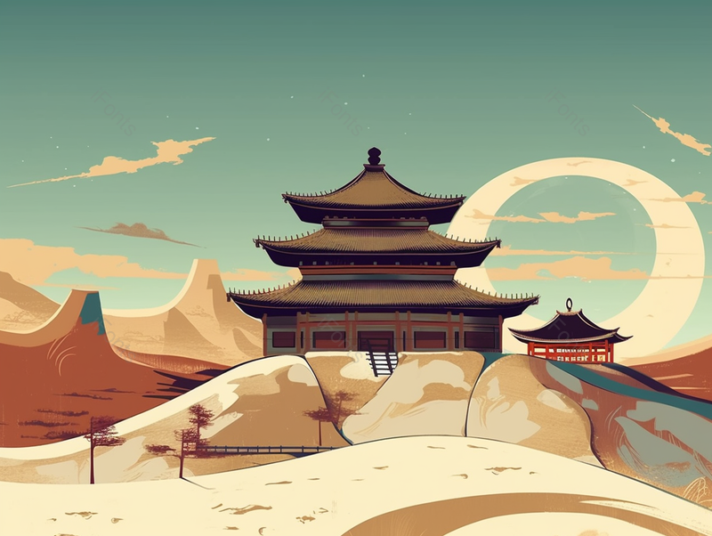敦煌古城月牙泉鸣沙山山坡上的古风建筑背景插画,插画/手绘图,插画/手绘图库,插画/手绘图下载,插画/手绘